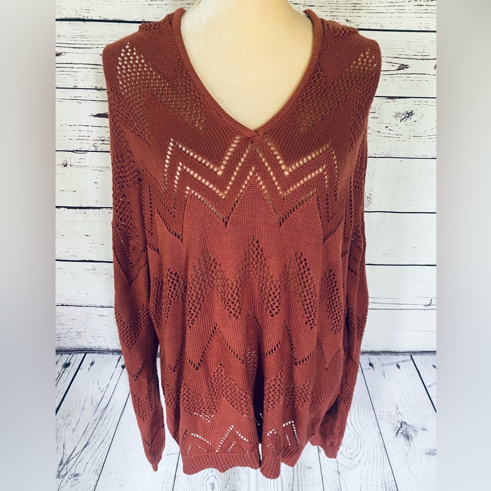 Women’s Large Sweater Marbled Blush Red Hooded V Neck Loose Knit Medium Weight